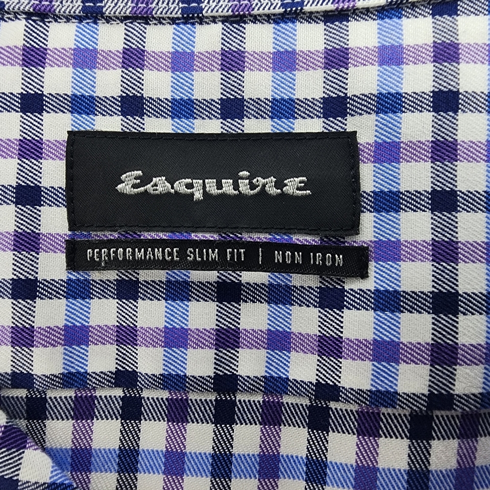 Esquire Slim Fit Non Iron Dress Shirt Men 16.5 34/35 Long Sleeve Gingham Blue - Picture 5 of 9